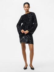 Kam Sequin Long Sleeve Top with Bow Detail - Black