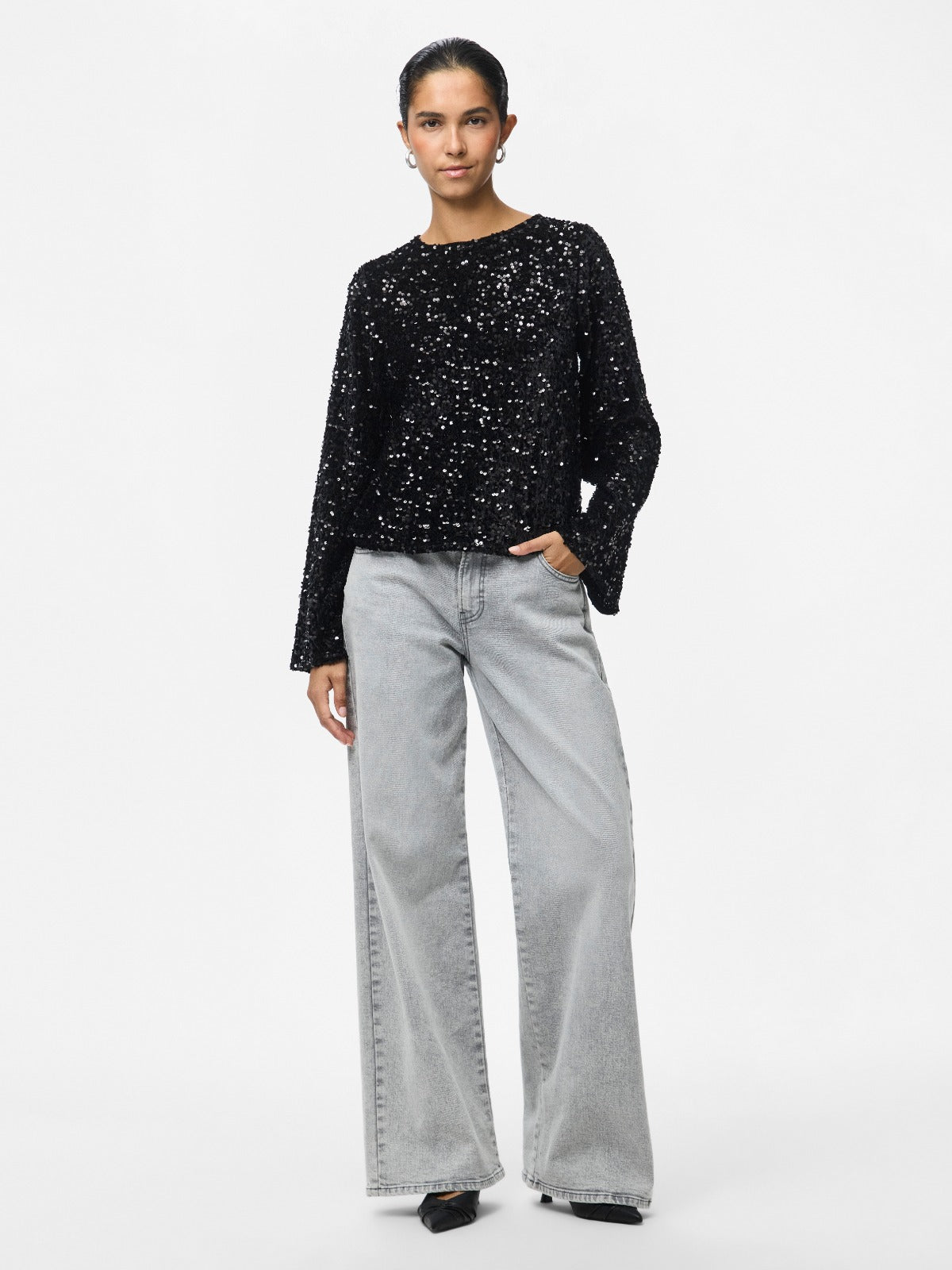 Kam Sequin Long Sleeve Top with Bow Detail - Black