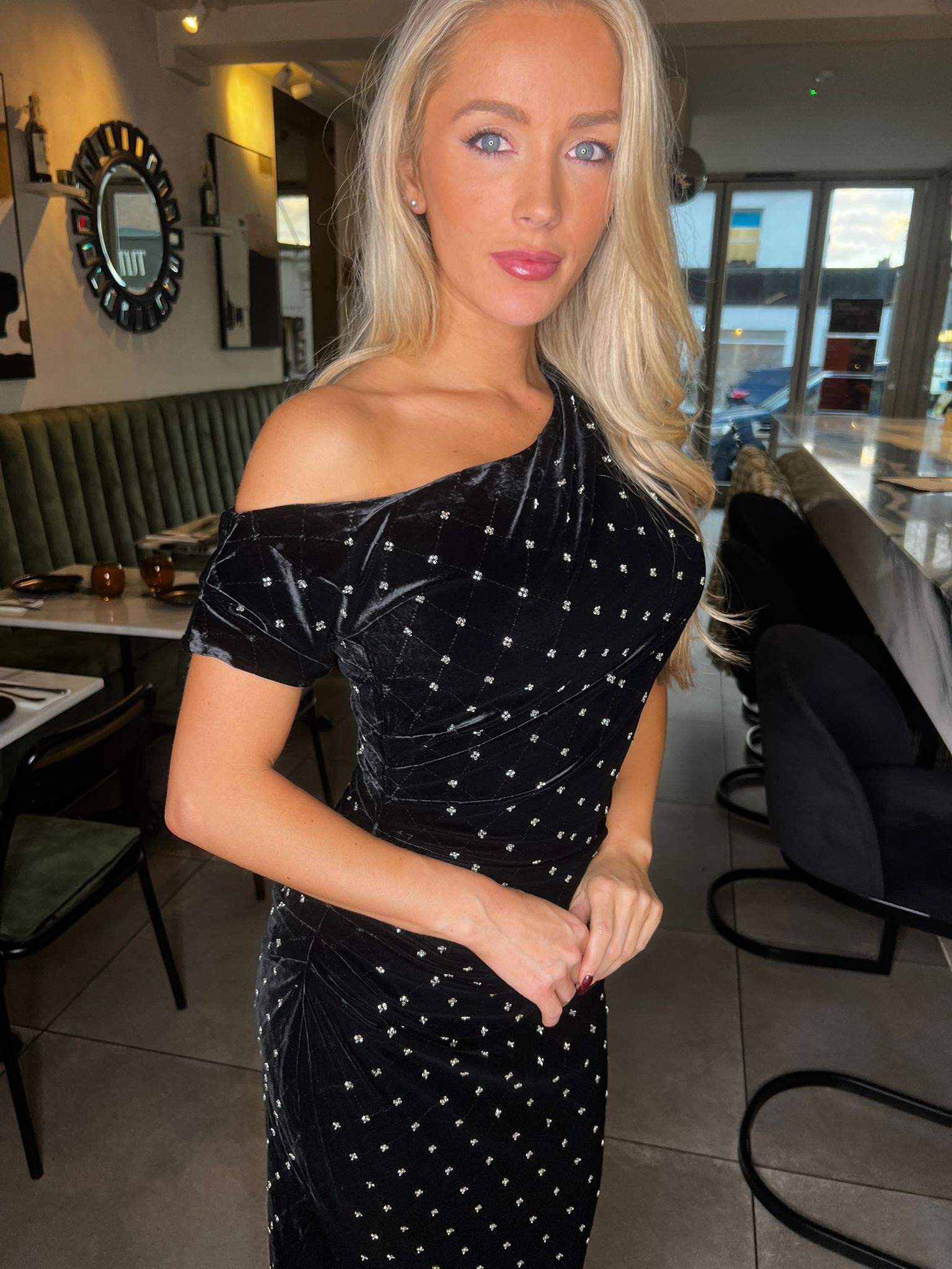 Donna Asymmetric Neckline Midi Dress Beaded Velvet