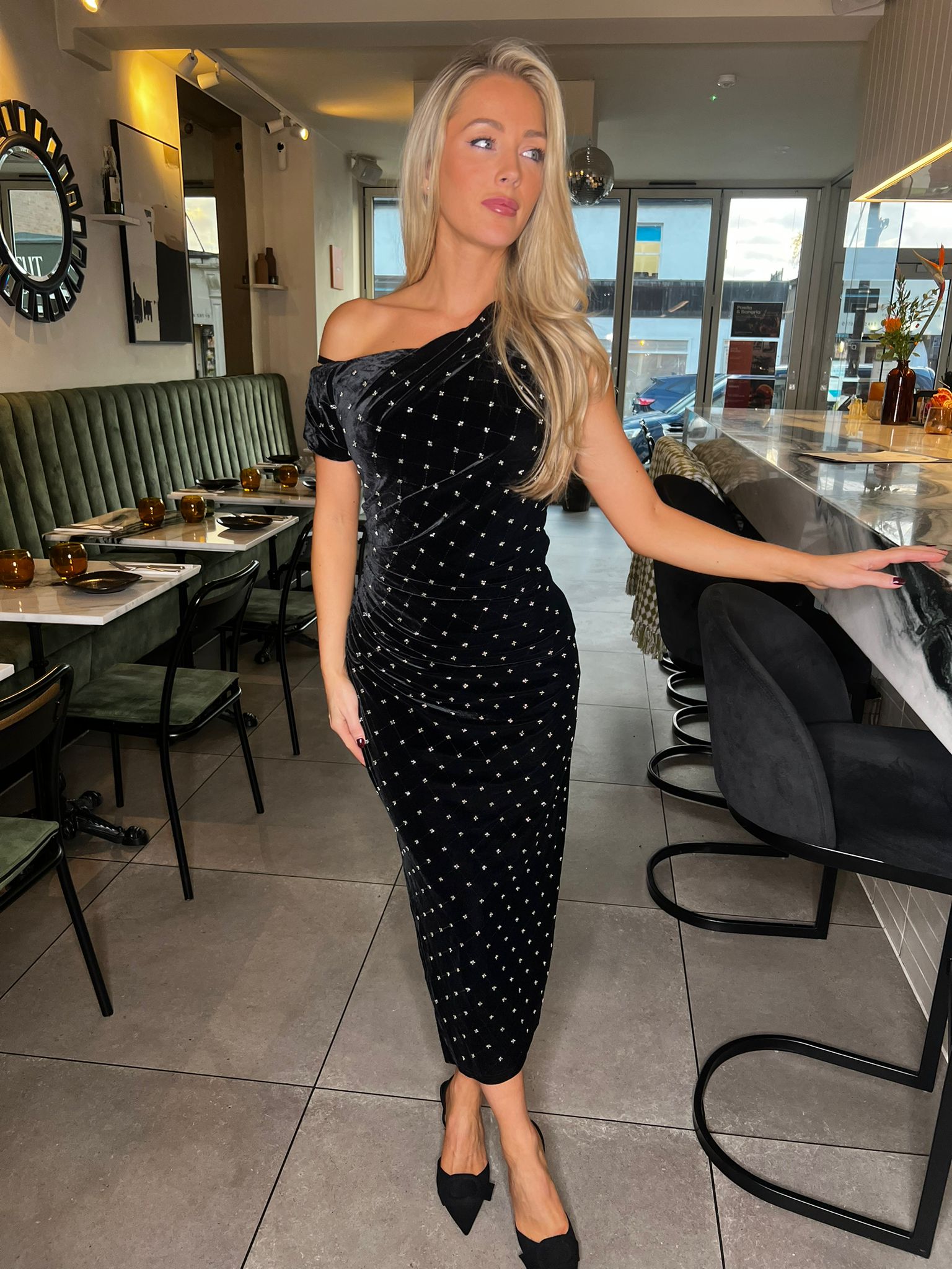 Donna Asymmetric Neckline Midi Dress Beaded Velvet