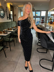 Donna Asymmetric Neckline Midi Dress Beaded Velvet