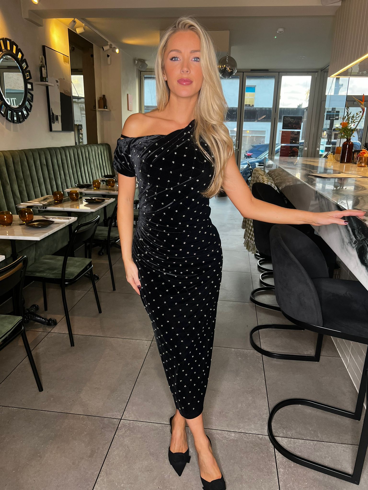 Donna Asymmetric Neckline Midi Dress Beaded Velvet