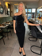 Donna Asymmetric Neckline Midi Dress Beaded Velvet