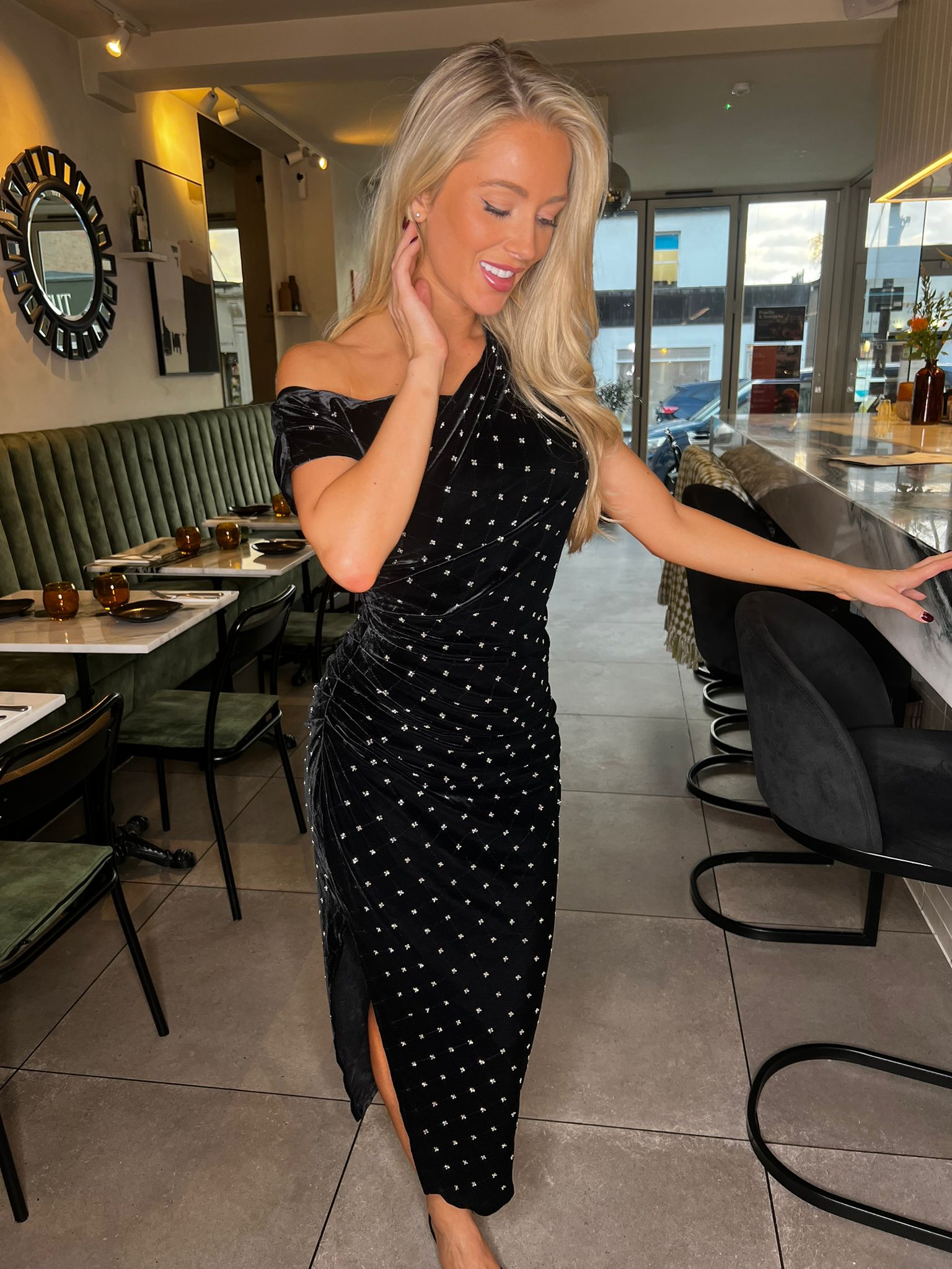 Donna Asymmetric Neckline Midi Dress Beaded Velvet