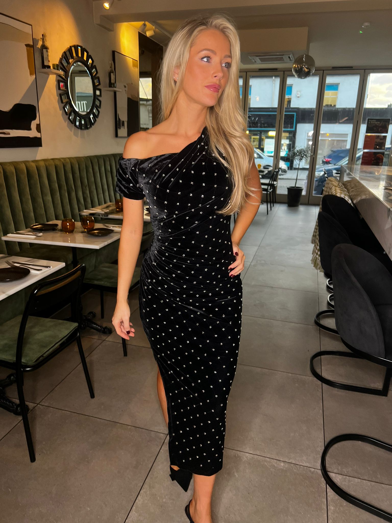 Donna Asymmetric Neckline Midi Dress Beaded Velvet