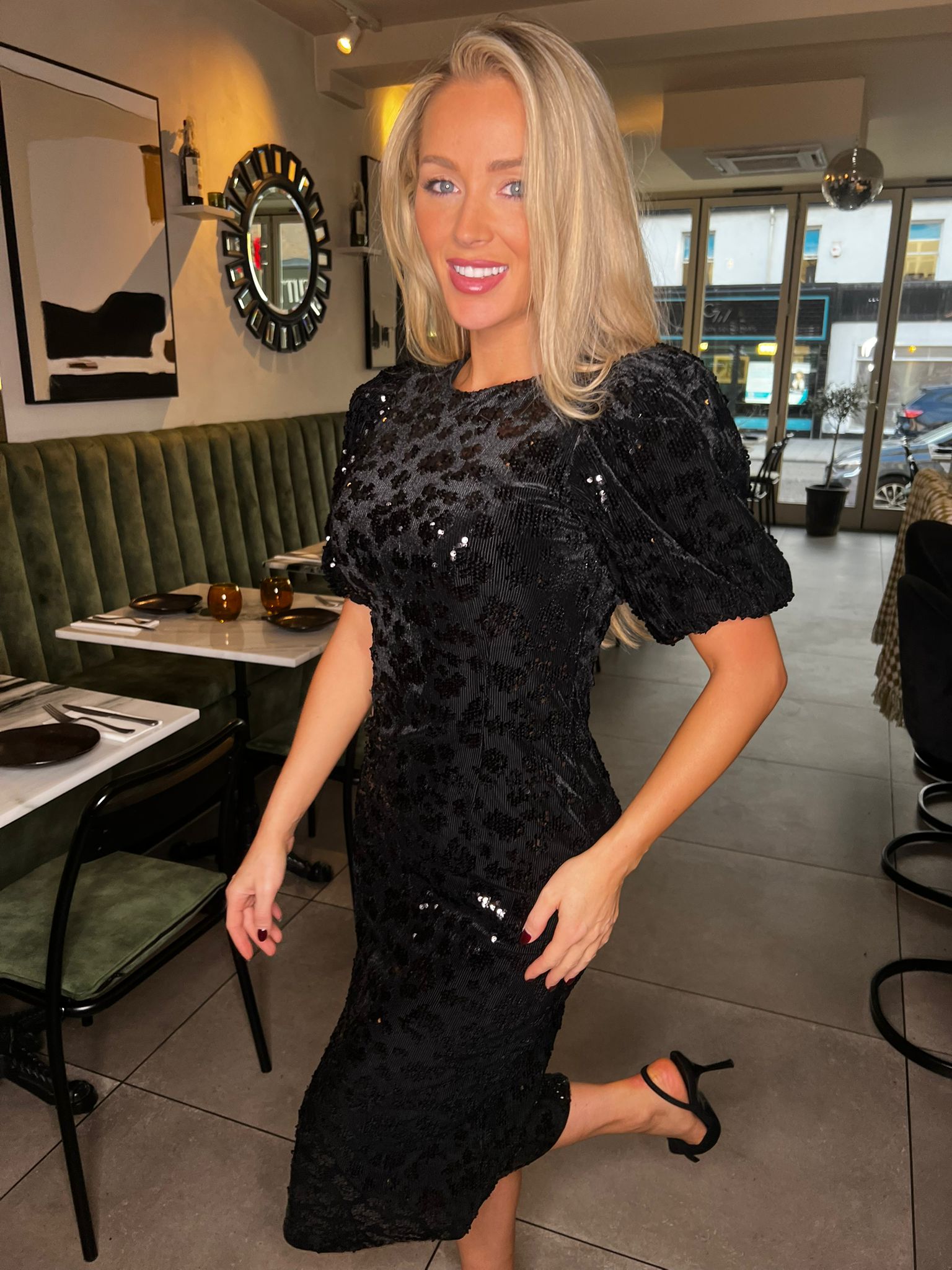 Sofie Sequin Midi Dress with Puff Sleeves