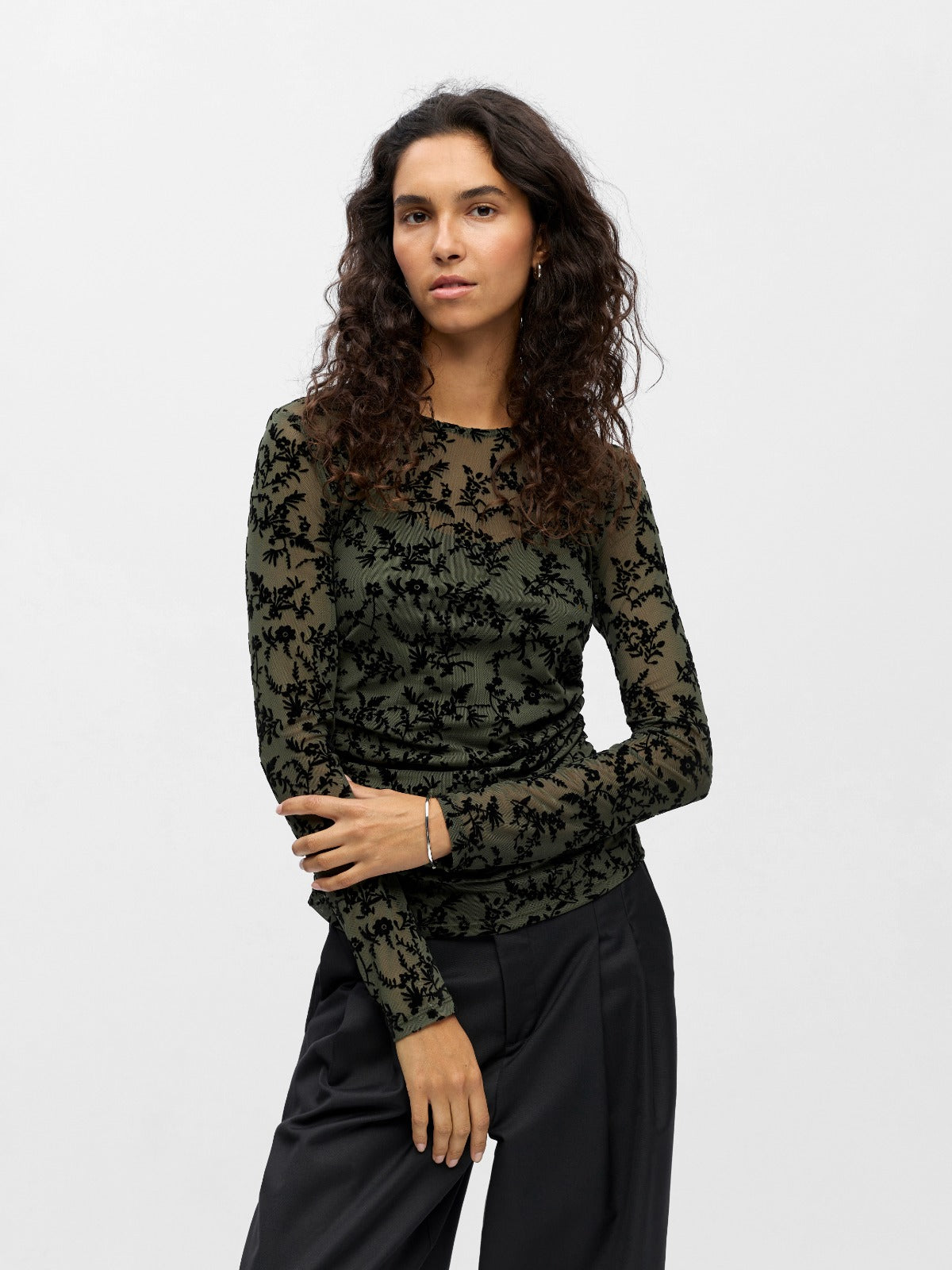 Jadeline Semi Sheer Long Sleeve Top Green