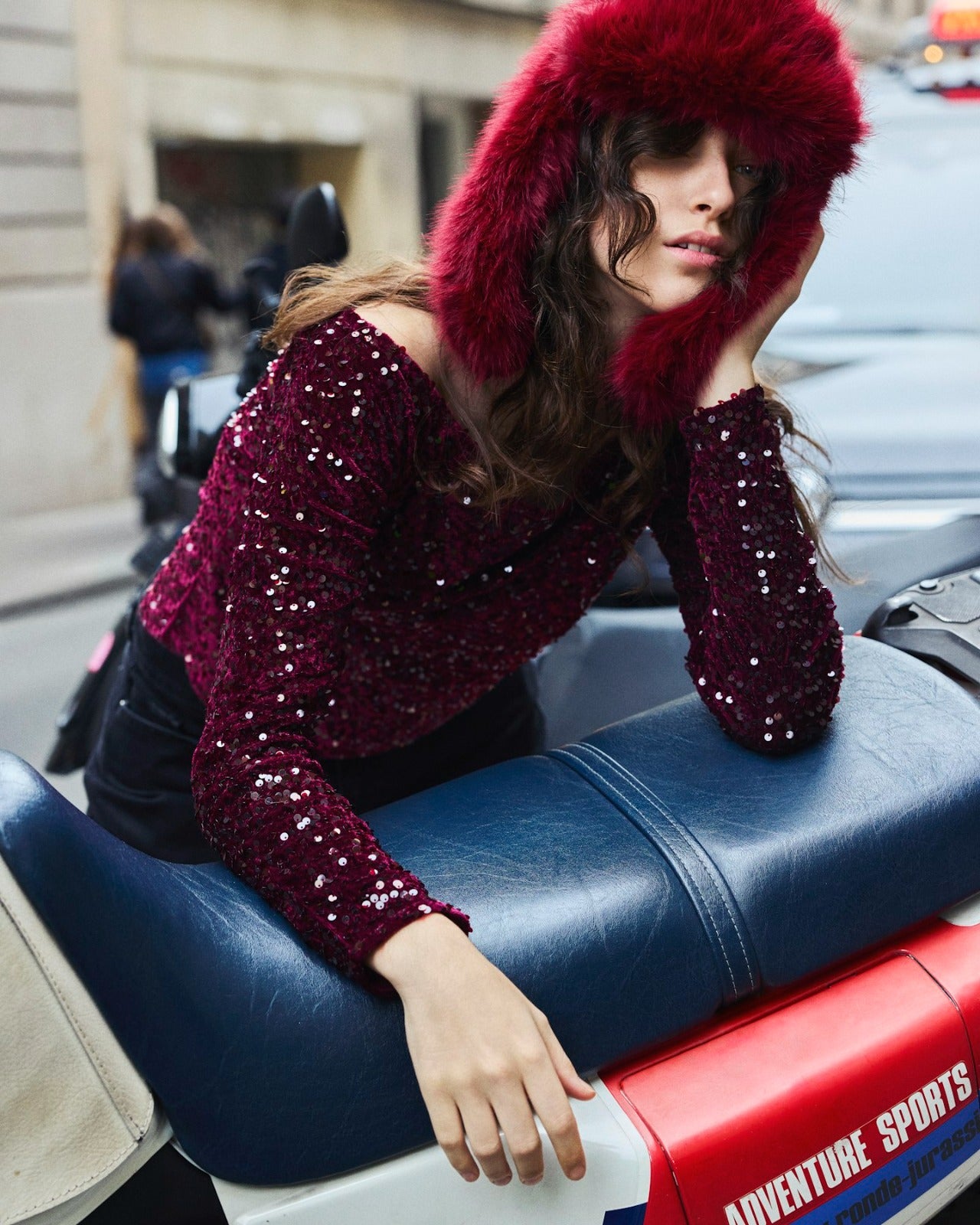 Kam Off the Shoulder Sequin Top Wine