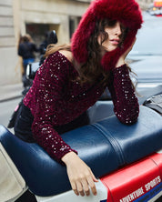 Kam Off the Shoulder Sequin Top Wine