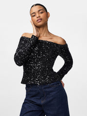 Kam Off the Shoulder Sequin Top Black