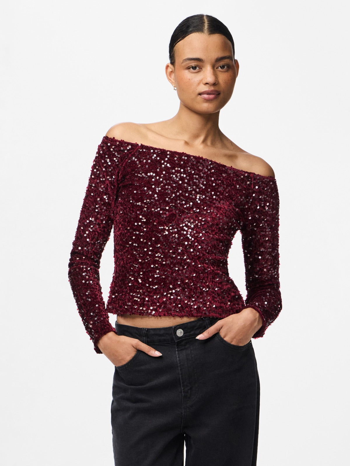 Kam Off the Shoulder Sequin Top Wine