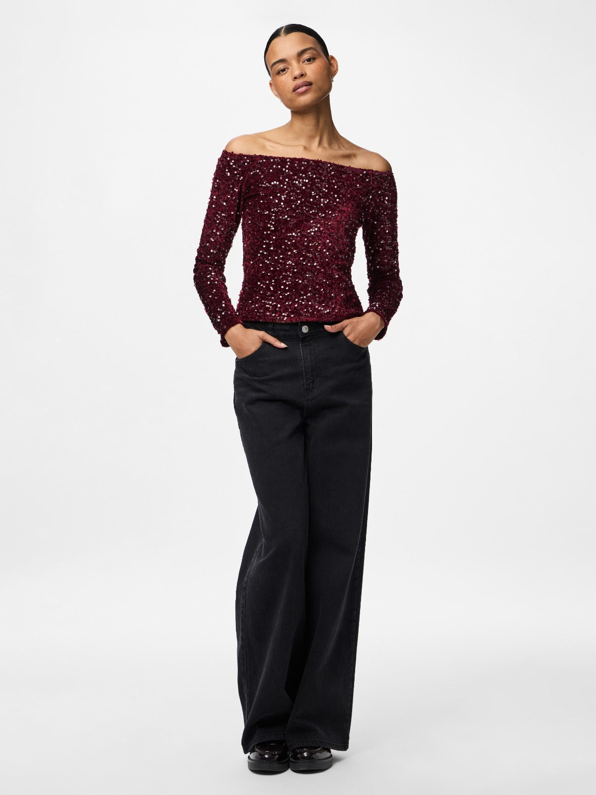 Kam Off the Shoulder Sequin Top Wine