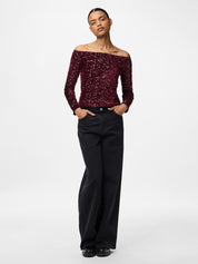 Kam Off the Shoulder Sequin Top Wine
