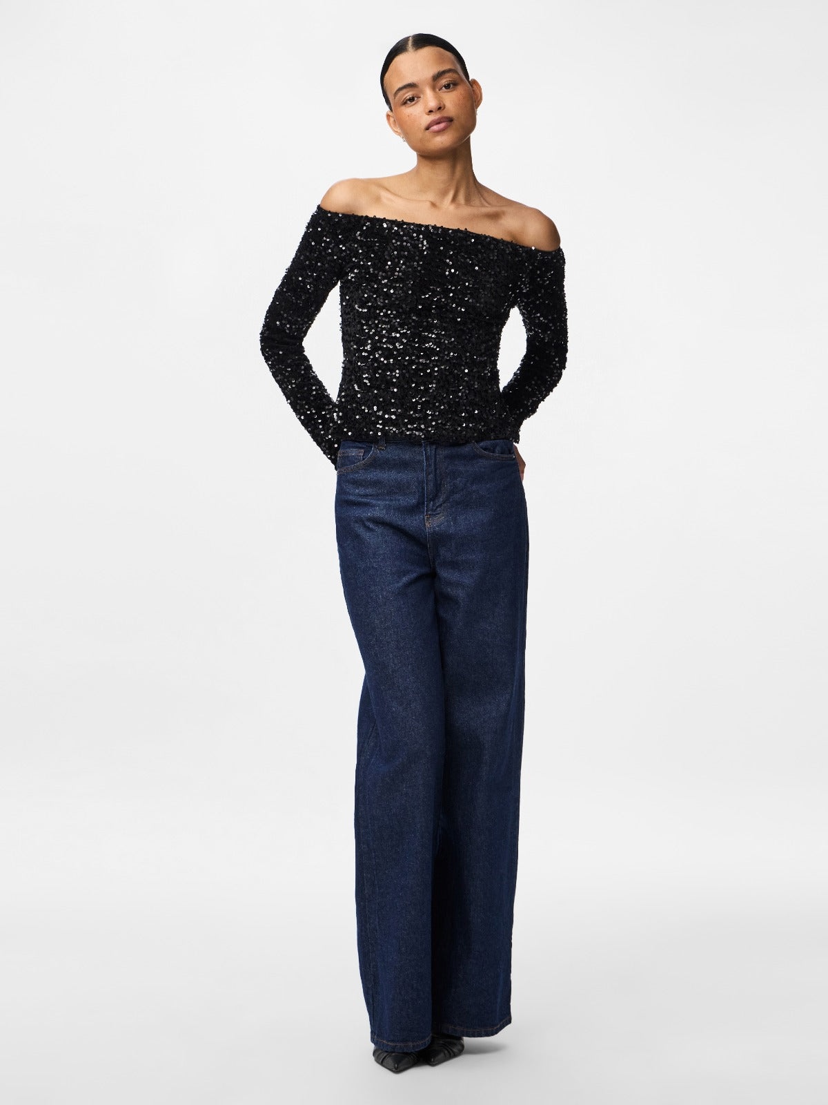 Kam Off the Shoulder Sequin Top Black