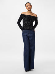 Kam Off the Shoulder Sequin Top Black