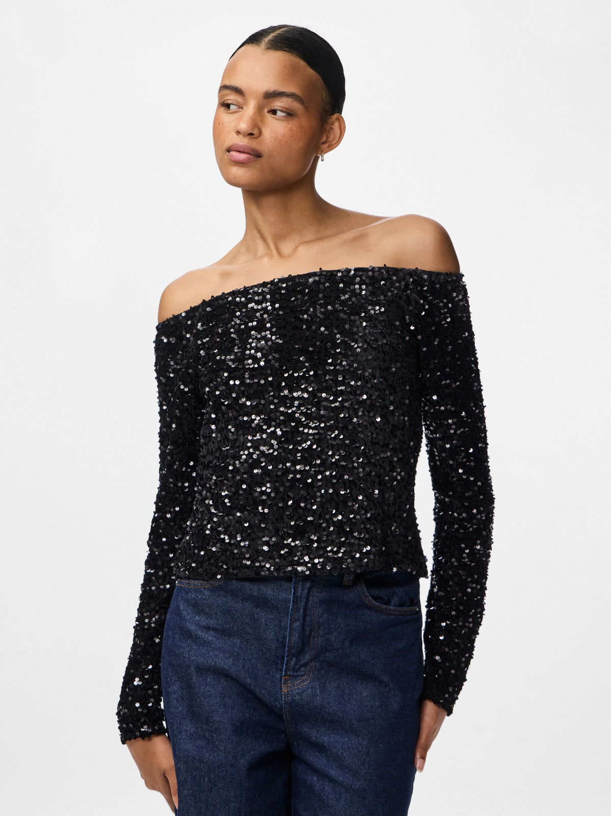 Kam Off the Shoulder Sequin Top Black