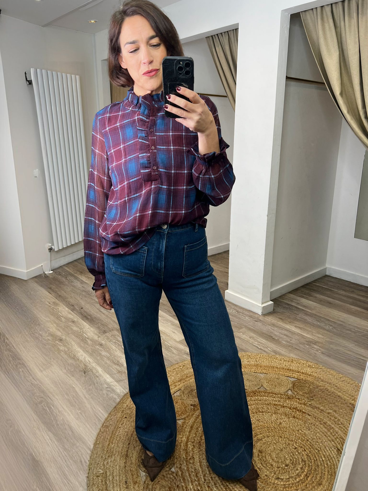 Emille Check Shirt with Frill Neckline