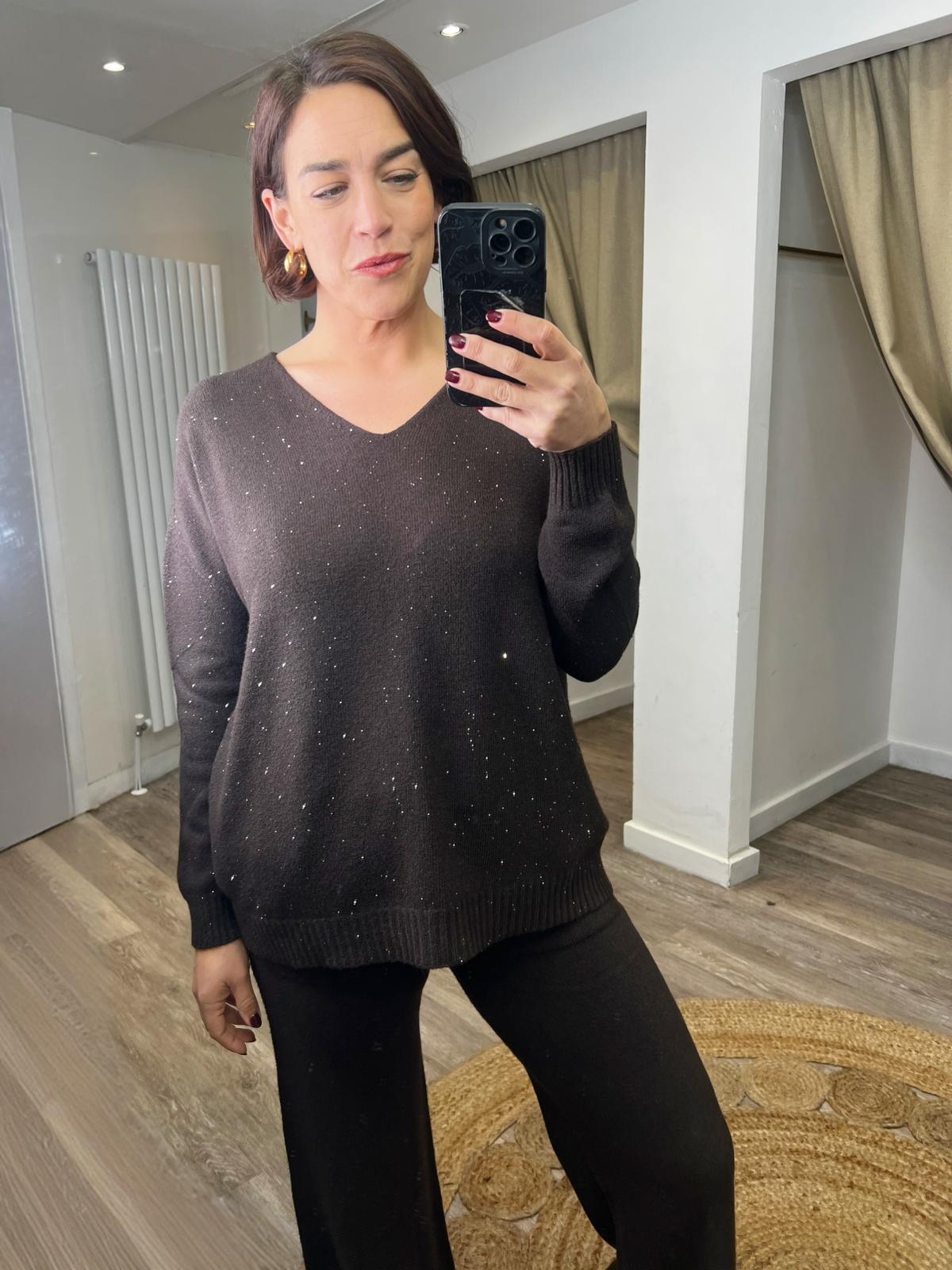 Ella Brown Sparkle V-neck Knit Jumper