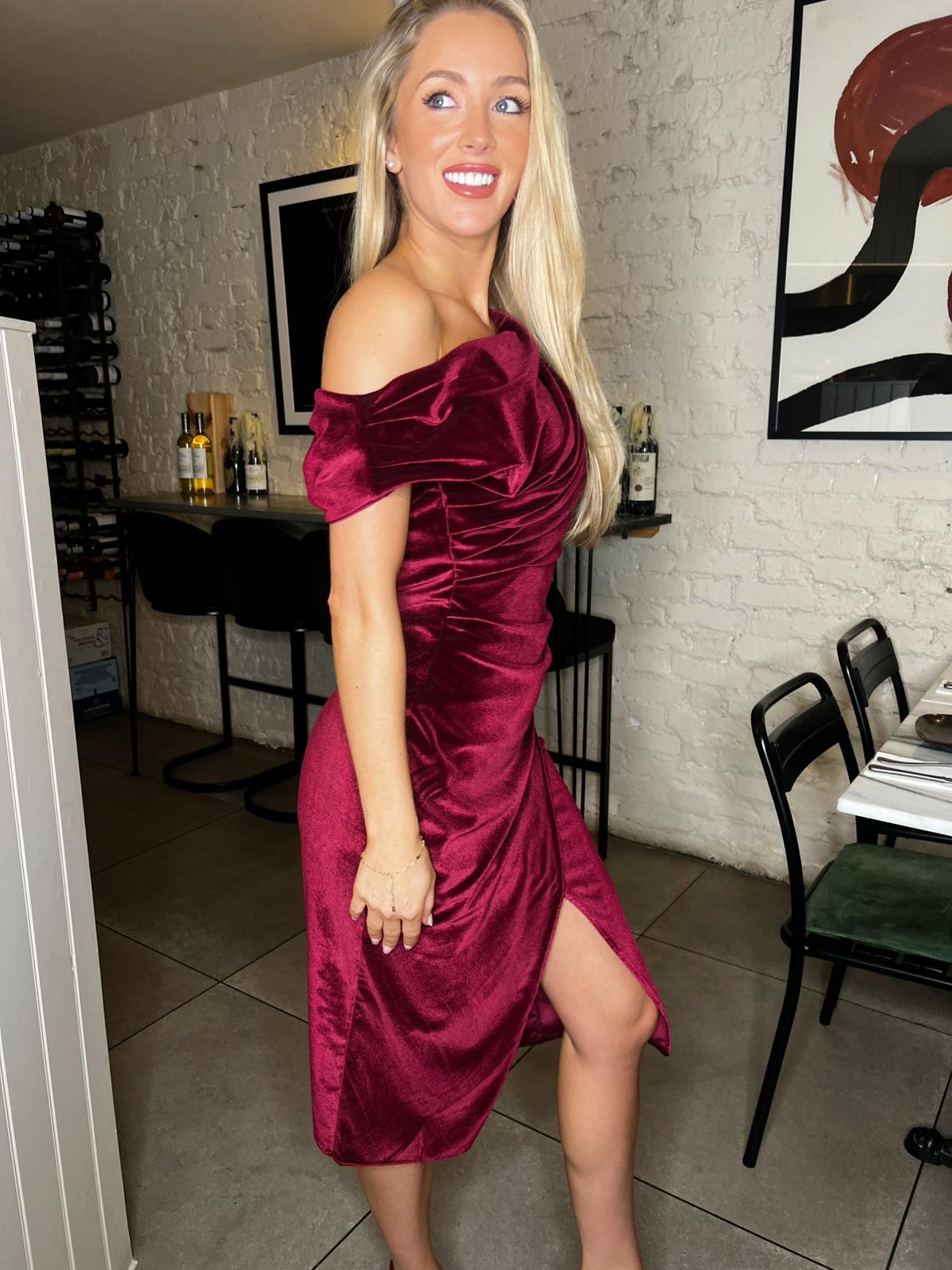 Ariana Asymmetric Berry Velvet Midi Dress
