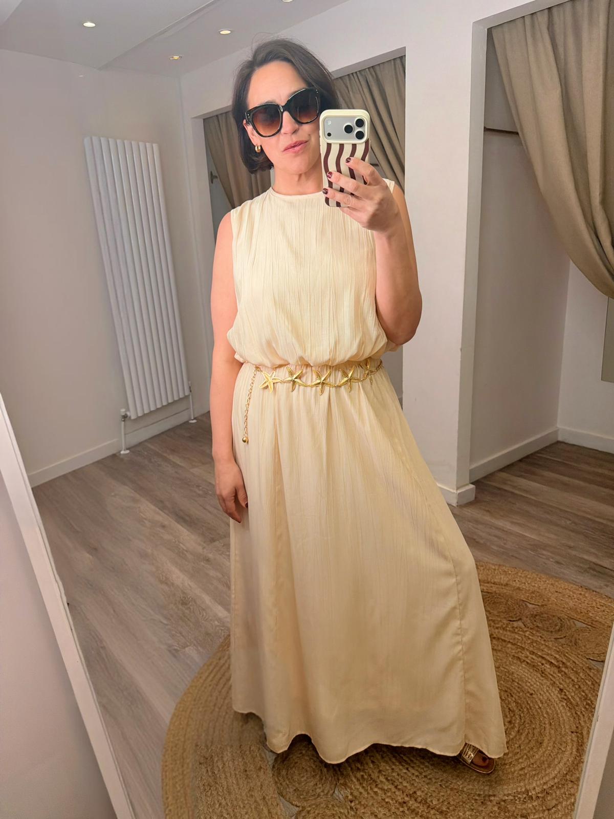 Elisa Silky Bubble Top and Maxi Skirt, Starfish Belt Set
