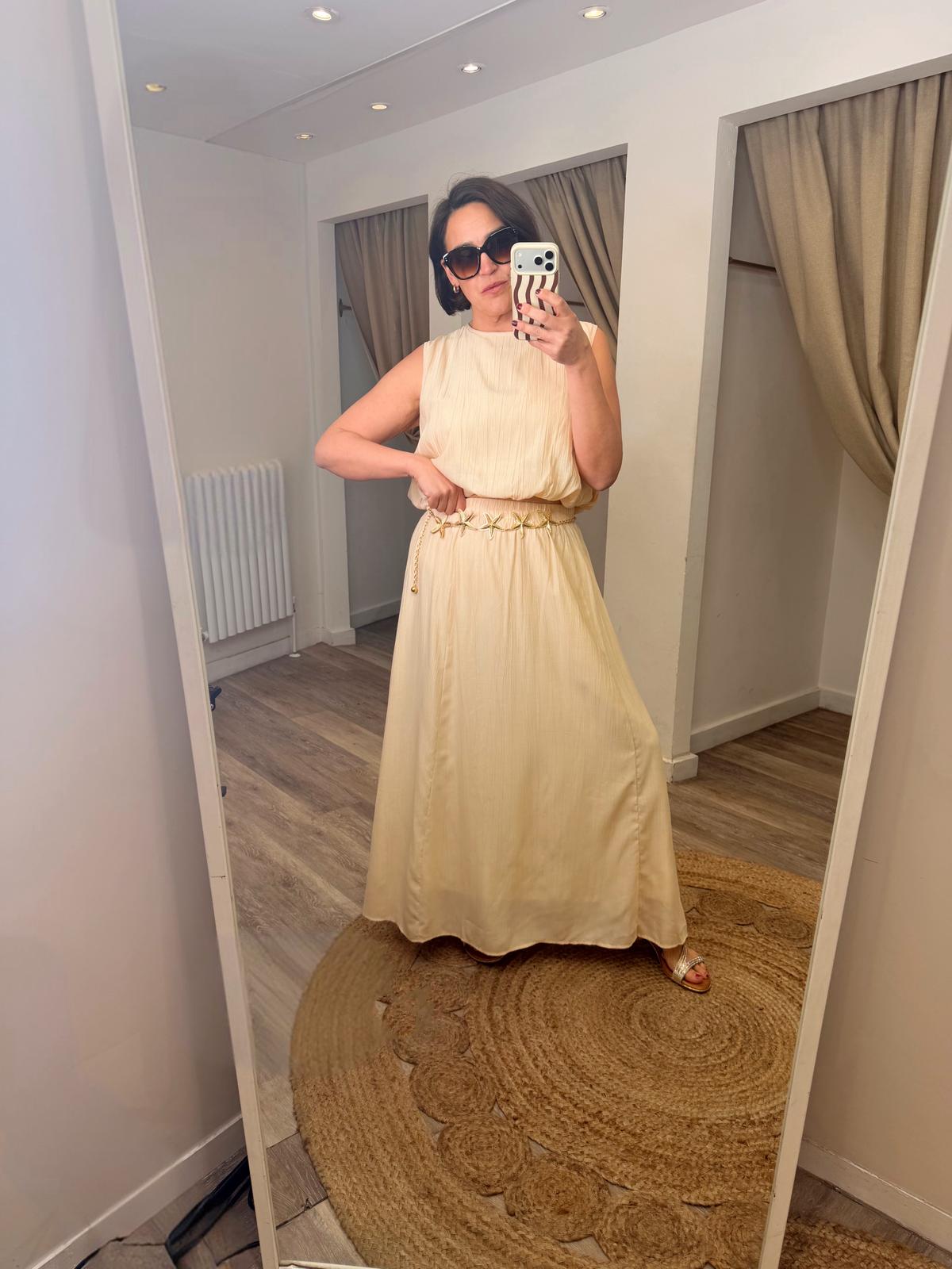 Elisa Silky Bubble Top and Maxi Skirt, Starfish Belt Set