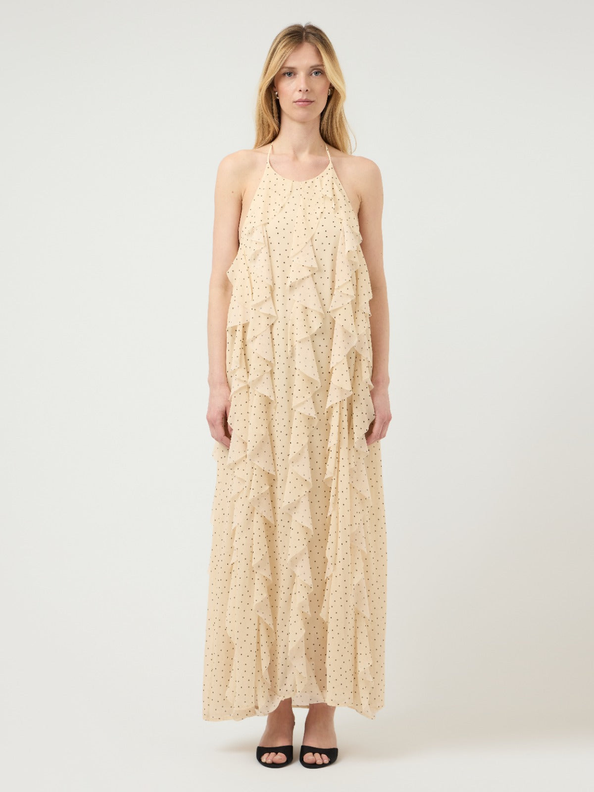 Finillo Yellow Polka Dot Frill Long Halterneck Dress