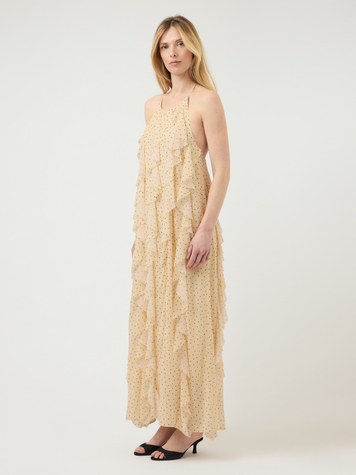 Finillo Yellow Polka Dot Frill Long Halterneck Dress