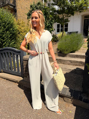 Pippa Crinkle Jumpsuit with Bead Detail Beige