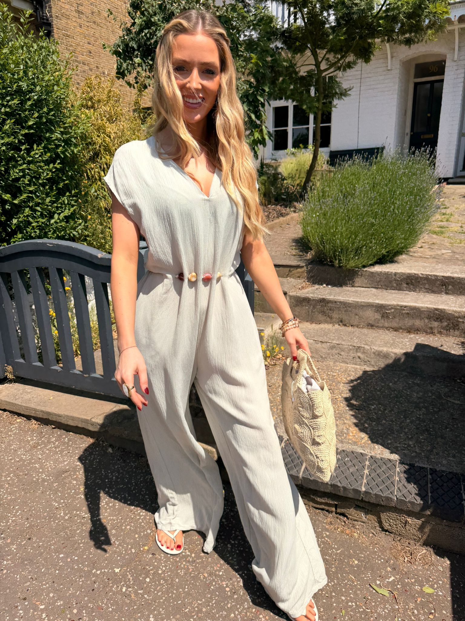Pippa Crinkle Jumpsuit with Bead Detail Beige