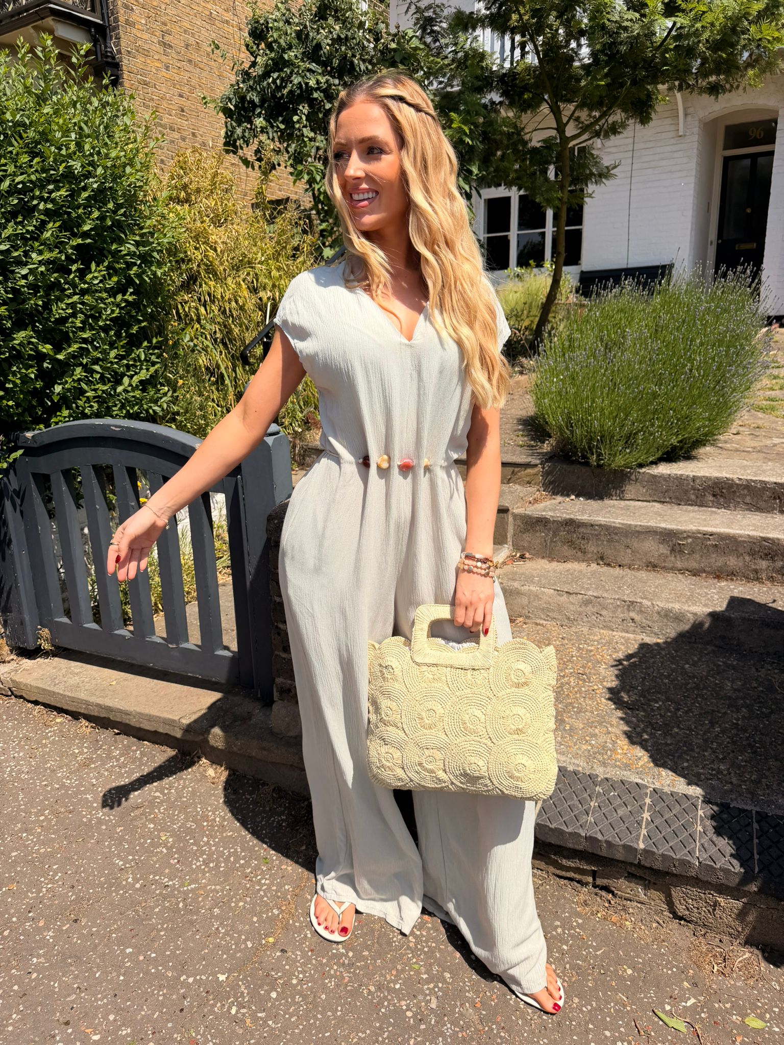 Pippa Crinkle Jumpsuit with Bead Detail Beige