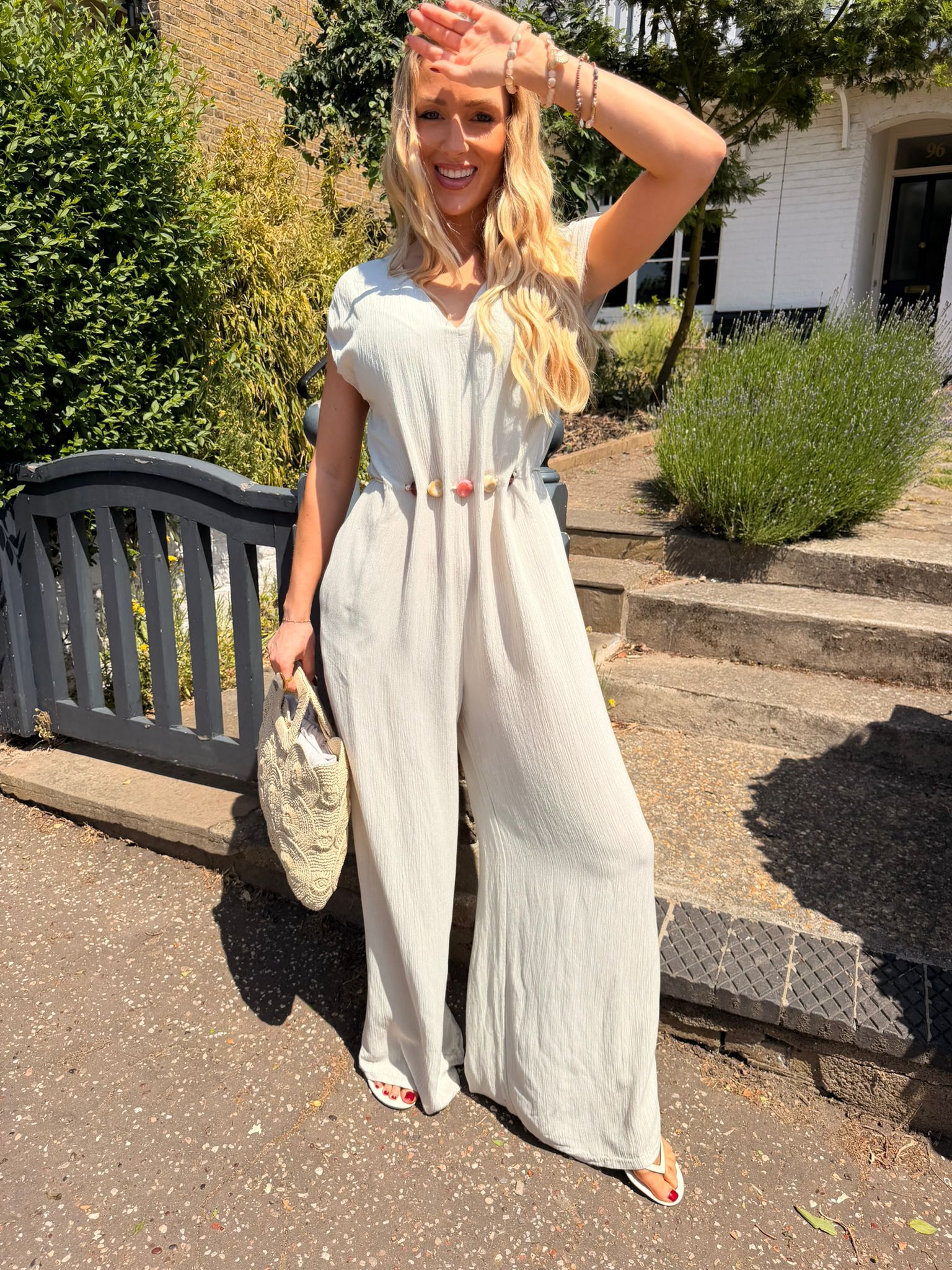 Pippa Crinkle Jumpsuit with Bead Detail Beige