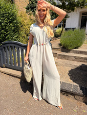Pippa Crinkle Jumpsuit with Bead Detail Beige