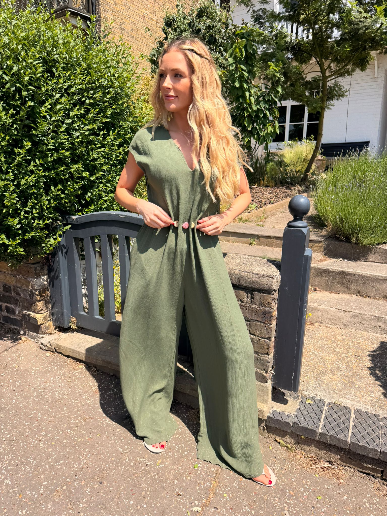Pippa Crinkle Jumpsuit with Bead Detail  Khaki