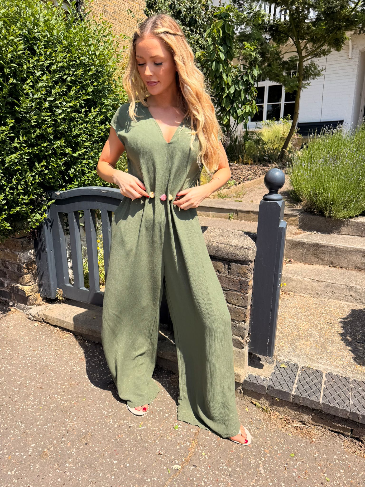 Pippa Crinkle Jumpsuit with Bead Detail  Khaki
