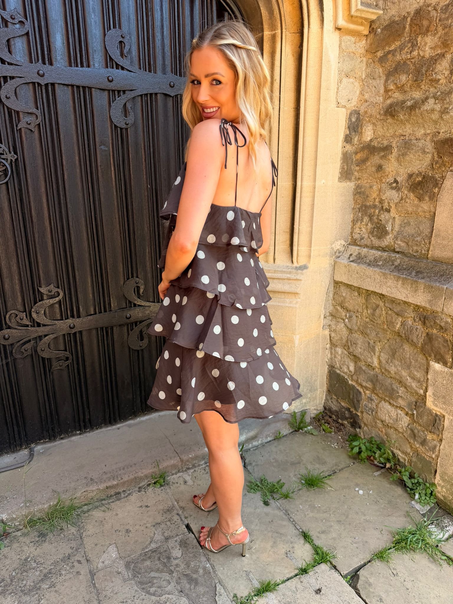 Fay Polka Dot Frill Mini Dress Brown
