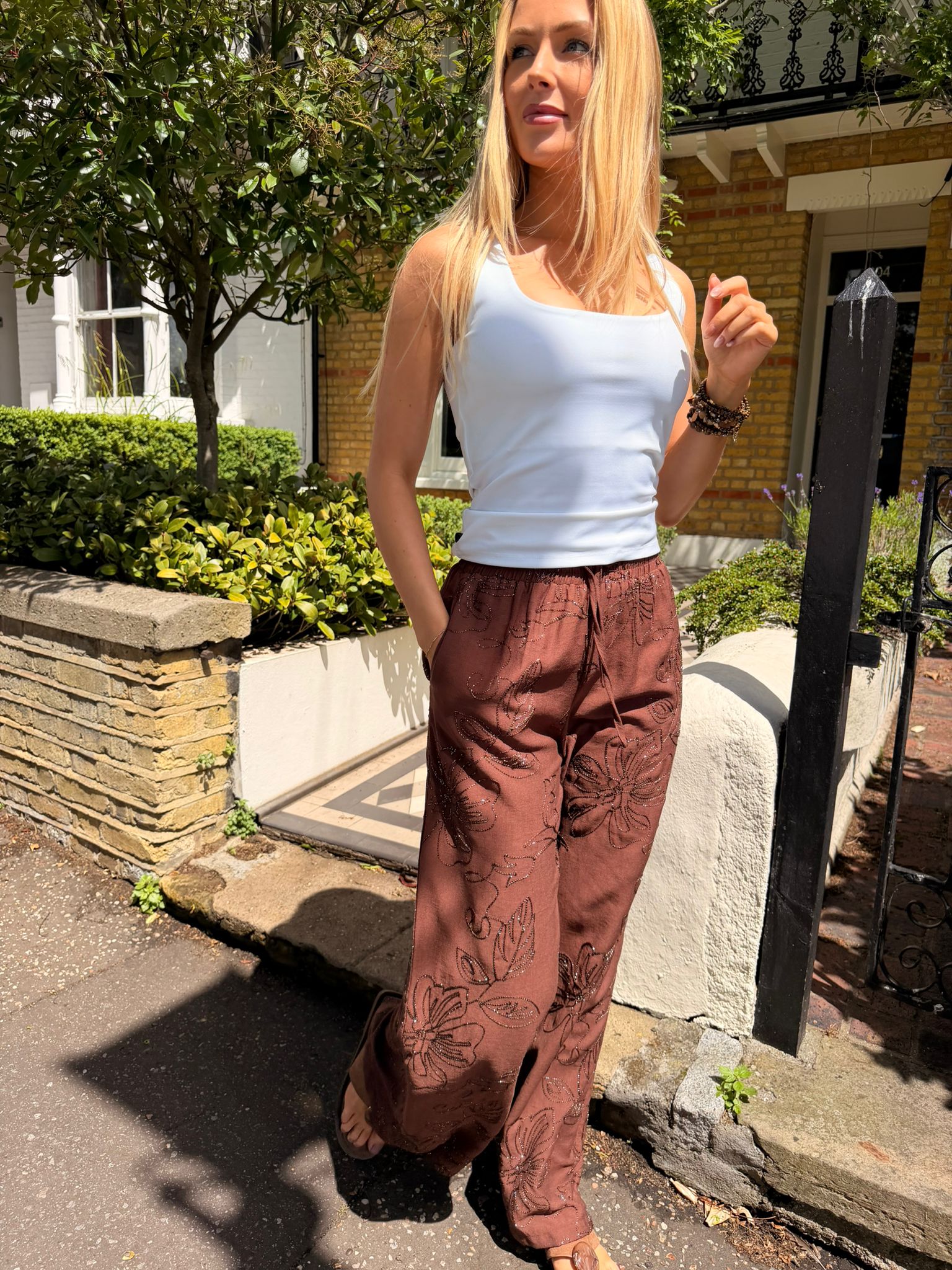 Faye Brown Beaded Pull on Trousers