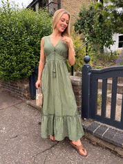 Faye Khaki Beaded V-neck Maxi Dress