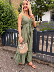 Faye Khaki Beaded V-neck Maxi Dress
