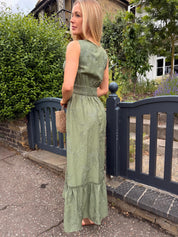 Faye Khaki Beaded V-neck Maxi Dress