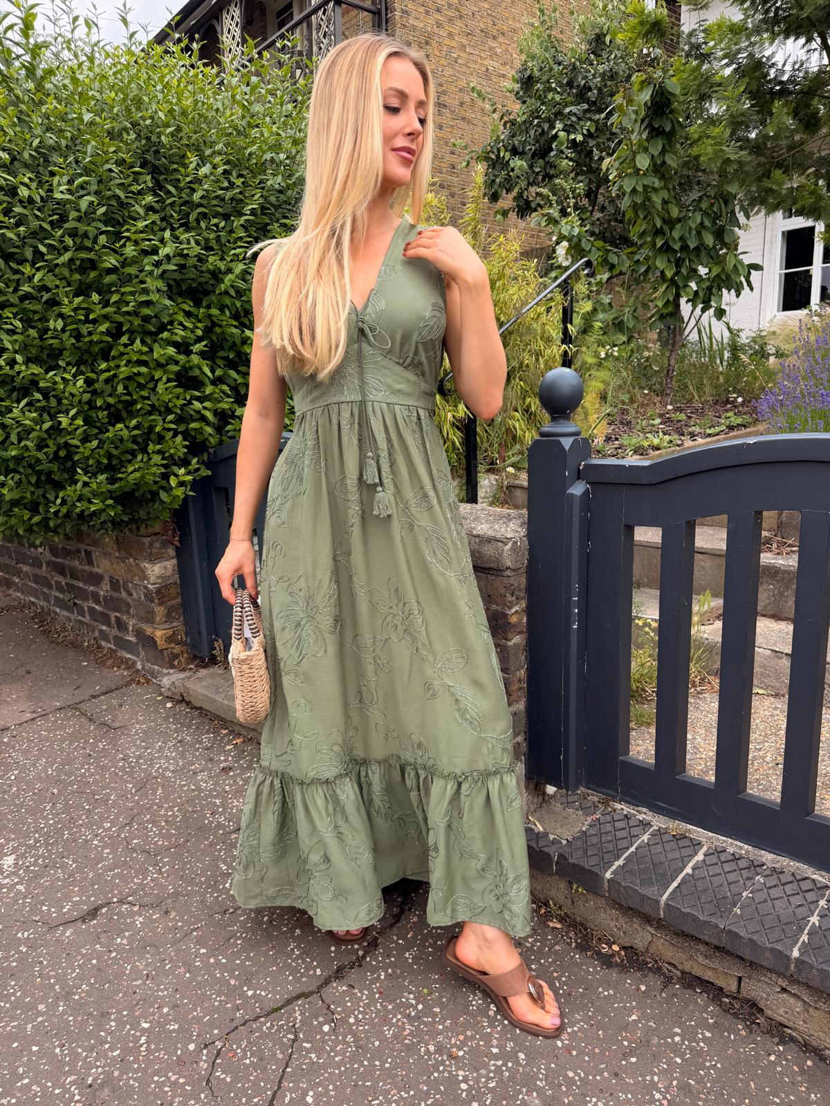 Faye Khaki Beaded V-neck Maxi Dress