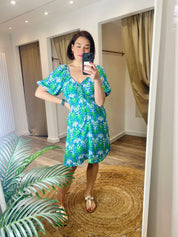 Cherry Green and Blue Ruched Tea Dress