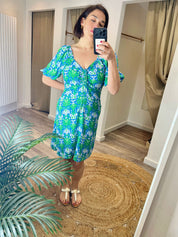 Cherry Green and Blue Ruched Tea Dress