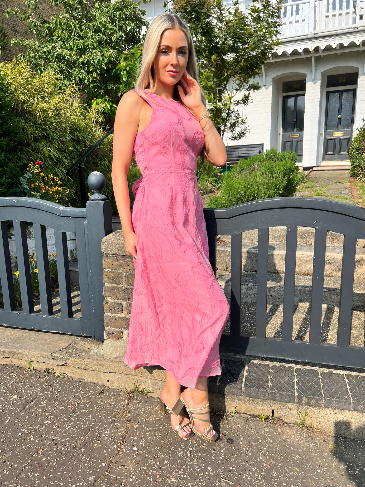 Skiro Pink Embroidered Bow Back Dress