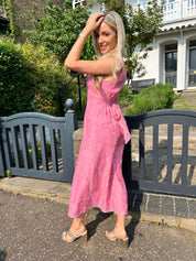 Skiro Pink Embroidered Bow Back Dress