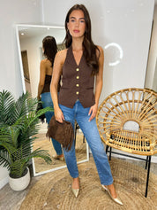 Jammi Tailored Brown Hatlerneck Top With Gold Buttons