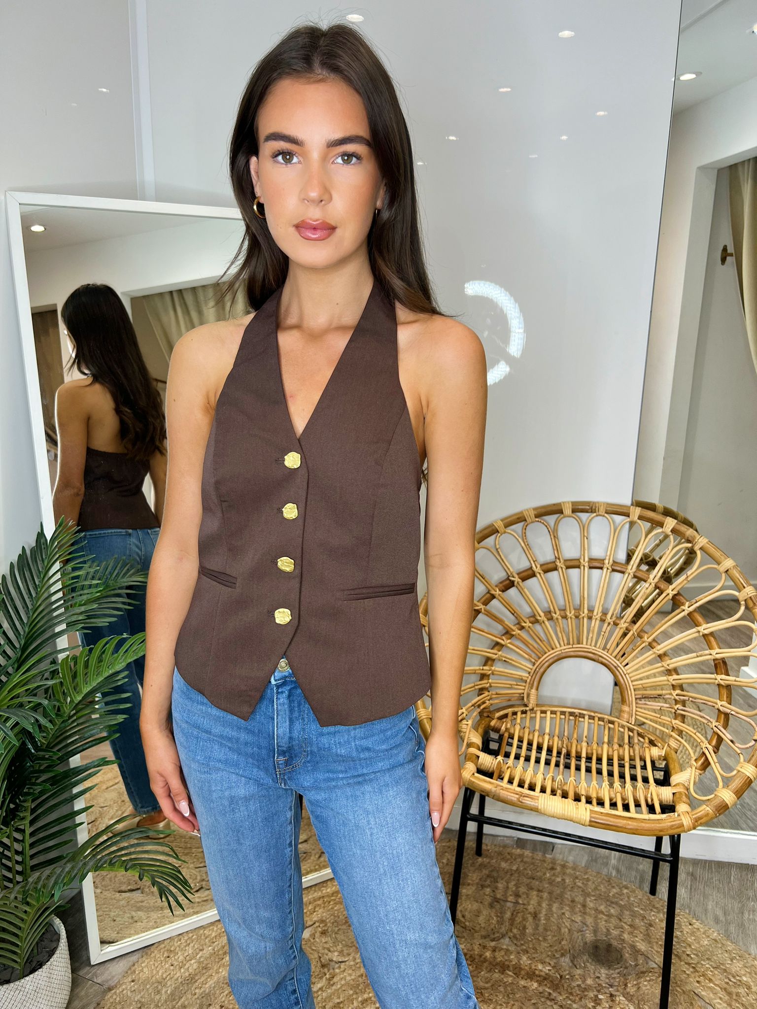 Jammi Tailored Brown Hatlerneck Top With Gold Buttons