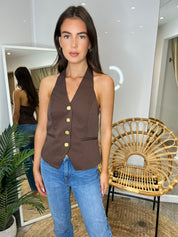 Jammi Tailored Brown Hatlerneck Top With Gold Buttons