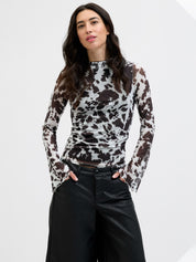 Minna Black Coffee Cow Mesh Long Sleeve Top