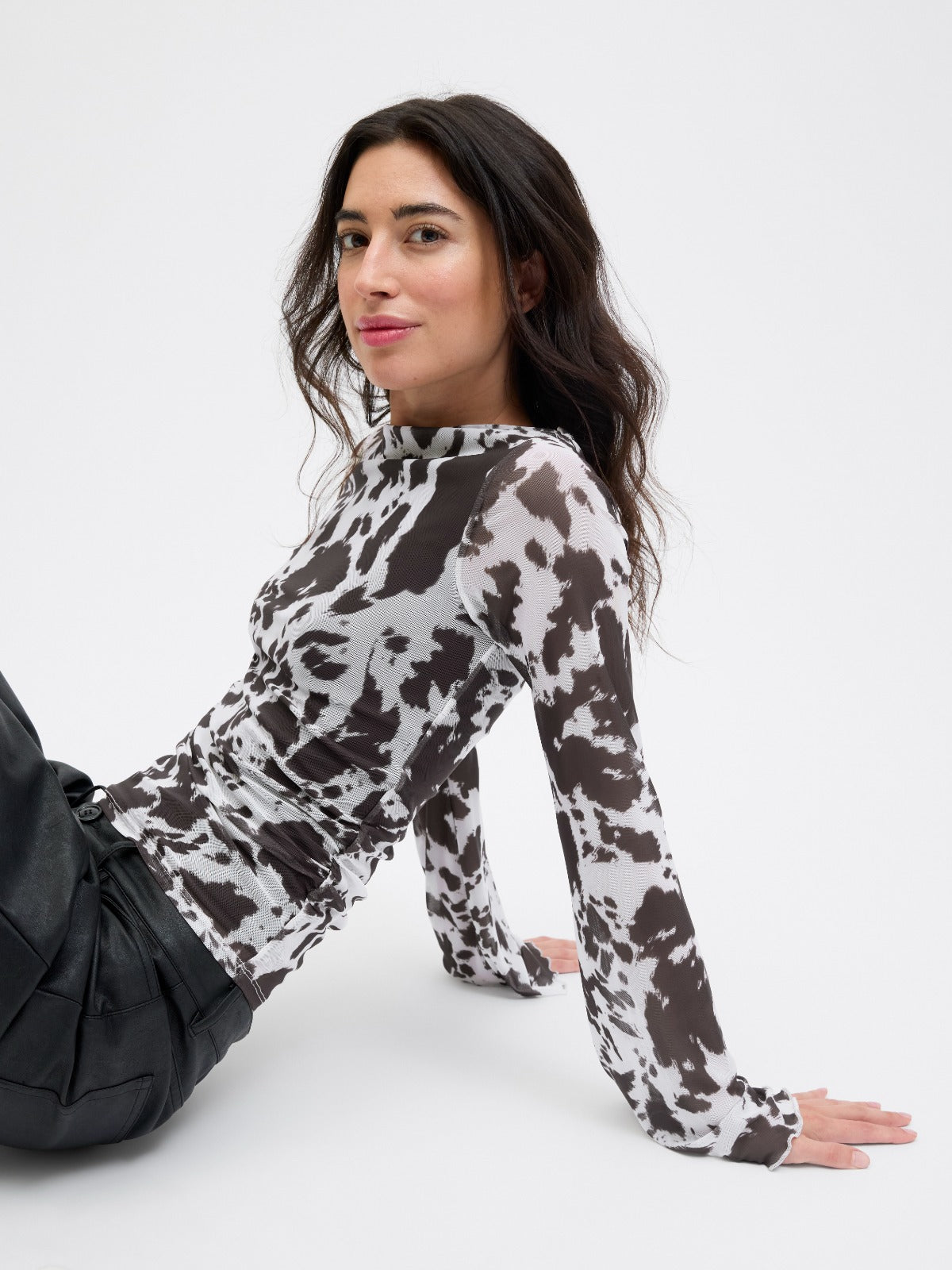 Minna Black Coffee Cow Mesh Long Sleeve Top
