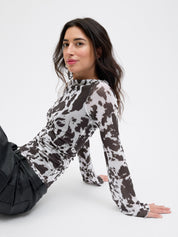 Minna Black Coffee Cow Mesh Long Sleeve Top